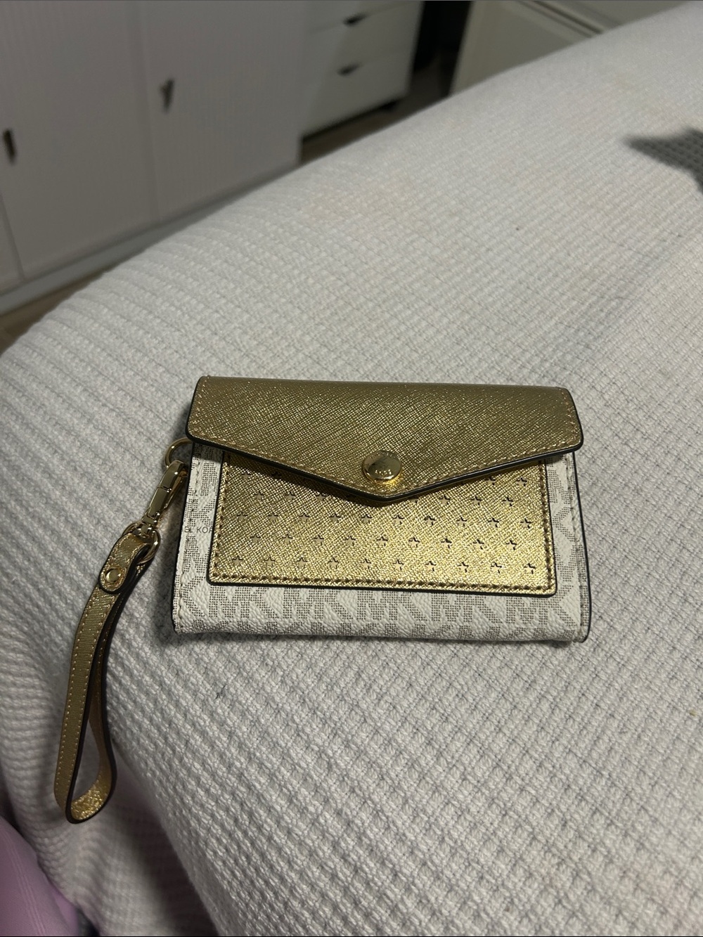 Gold and Ivory Wristlet Wallet - Women's Envelope Clutch Michael Kors
